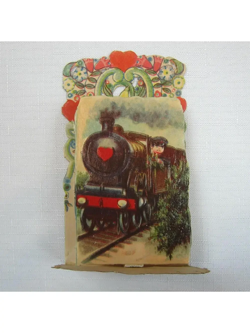 Vintage Valentine Pull Down Die Cut Boy Train Conductor Standup Germany 1920-30s